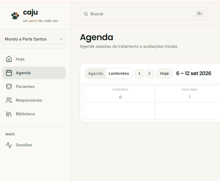 Agenda do Caju: a semana de atendimentos da clínica, com a aba de lembretes.