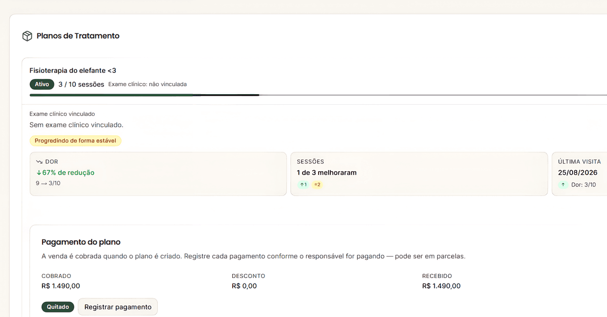 Plano de tratamento no Caju: dor com 67% de redução, sessões que melhoraram e o pagamento do plano.
